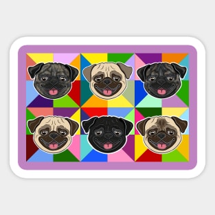 Six Pugs on Rainbow Pinwheels Sticker